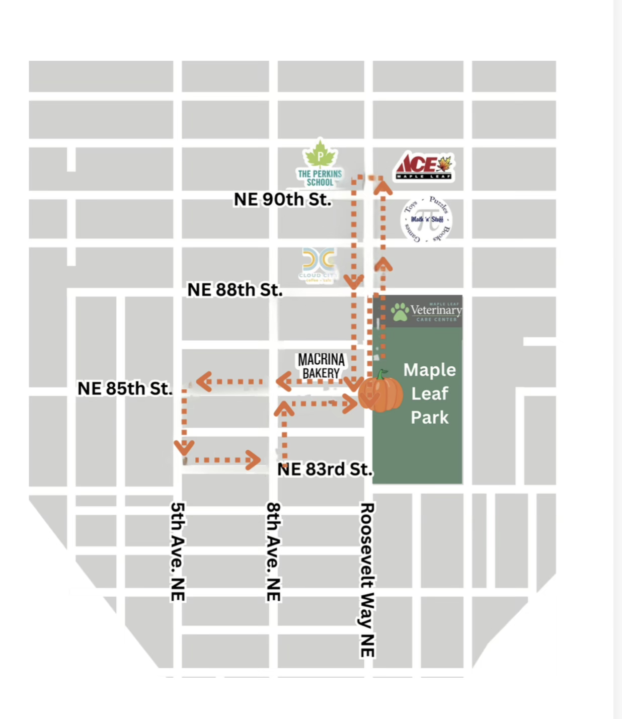 Map of the Halloween Parade route through Maple Leaf, starting and ending at the park